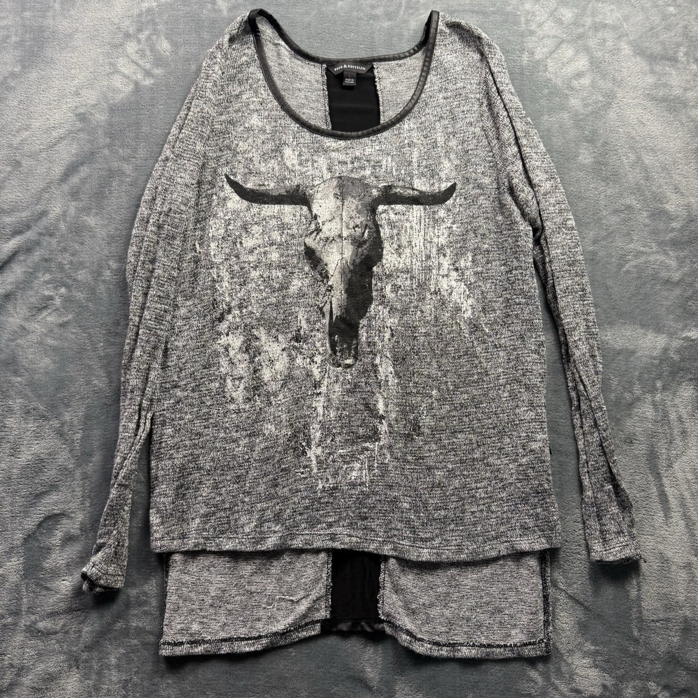 Rock & Republic Skull Sweater Shirt Large silver black gray grey Cross Faux L